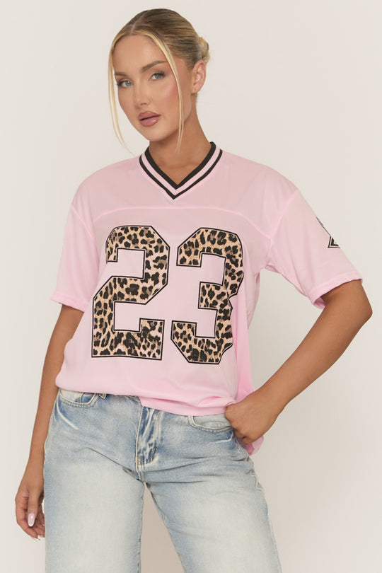Pink Leopard Print Oversized Varsity Football T-Shirt - Arla