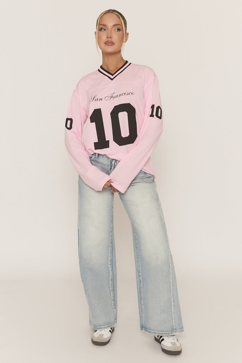 Pink Long Sleeve Oversized Varsity Football T-shirt - Kamisa