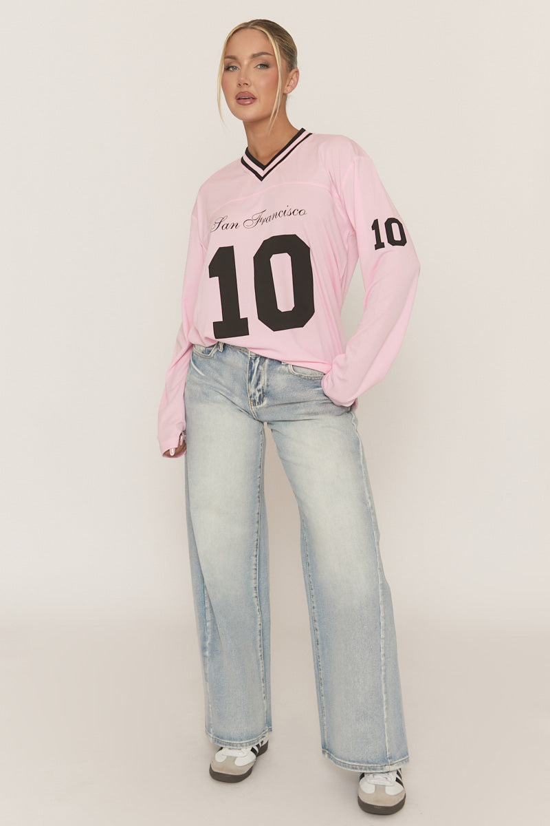 Pink Long Sleeve Oversized Varsity Football T-shirt - Kamisa