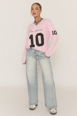 Pink Long Sleeve Oversized Varsity Football T-shirt - Kamisa