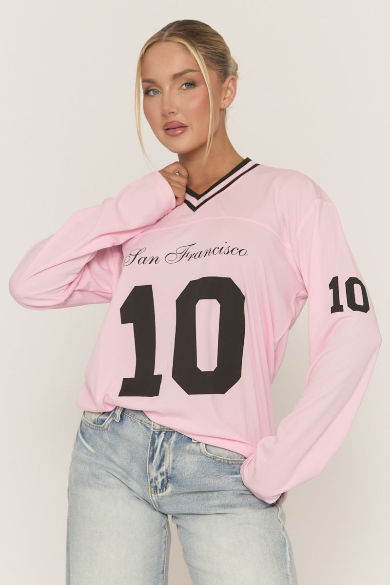 Pink Long Sleeve Oversized Varsity Football T-shirt - Kamisa