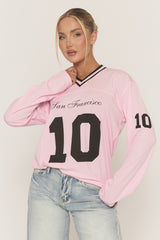 Pink Long Sleeve Oversized Varsity Football T-shirt - Kamisa