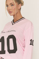 Pink Long Sleeve Oversized Varsity Football T-shirt - Kamisa