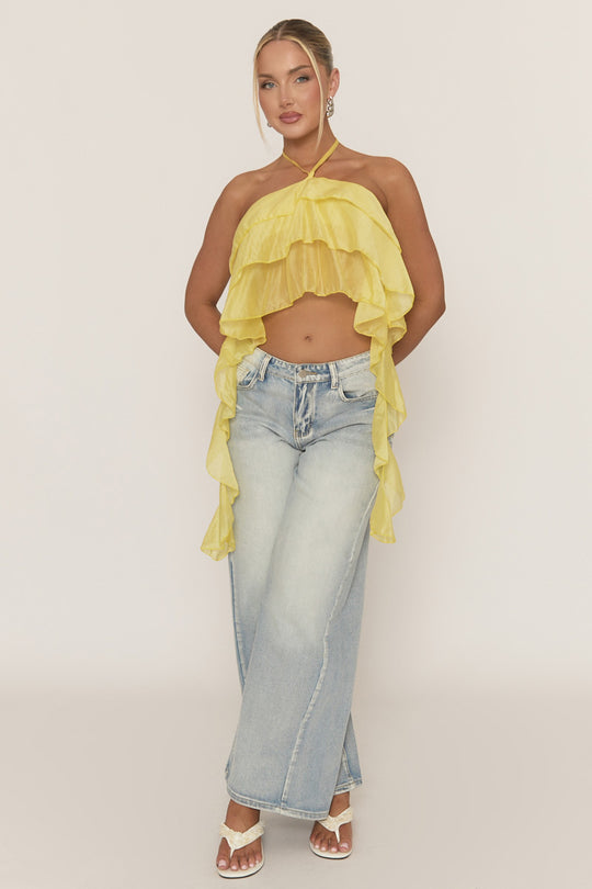 Yellow Ruffle Drape Halterneck Top - Freyella