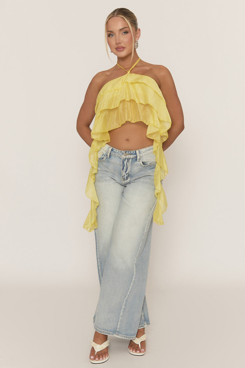 Yellow Ruffle Drape Halterneck Top - Freyella