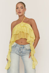 Yellow Ruffle Drape Halterneck Top - Freyella