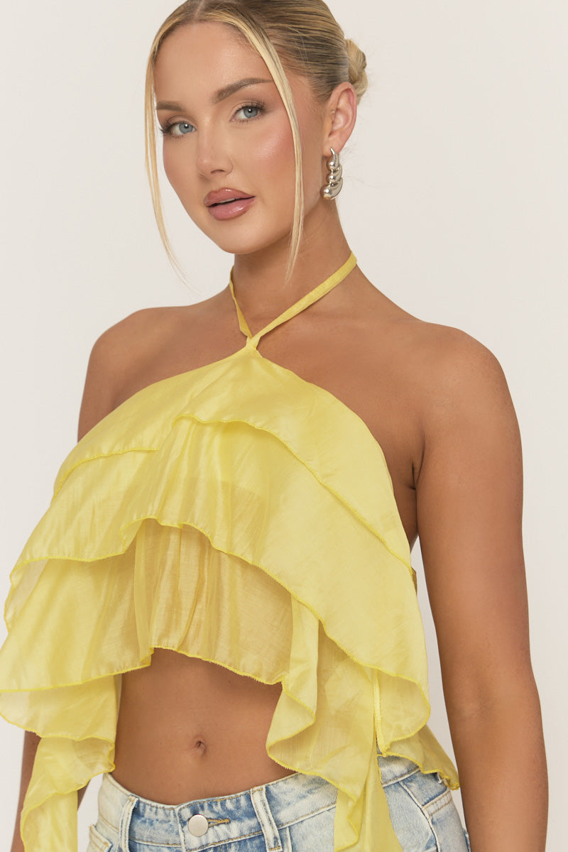 Yellow Ruffle Drape Halterneck Top - Freyella