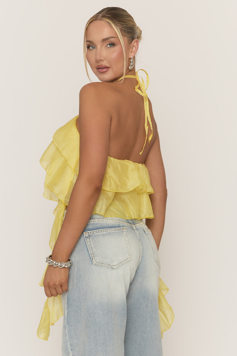 Yellow Ruffle Drape Halterneck Top - Freyella