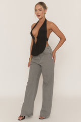 Black Gold Trim Plunge Halter Top - Arlea