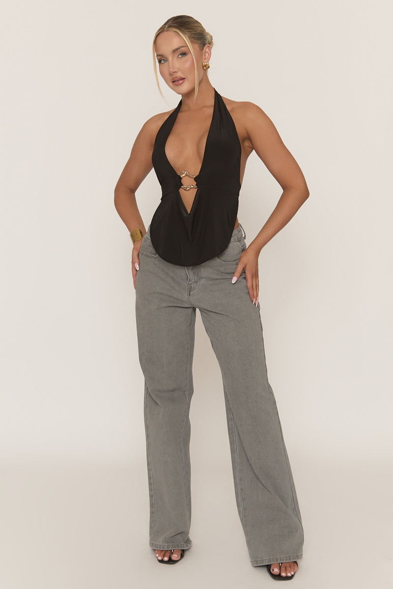 Black Gold Trim Plunge Halter Top - Arlea