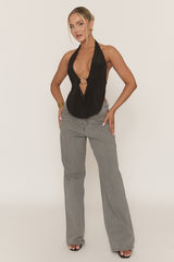 Black Gold Trim Plunge Halter Top - Arlea