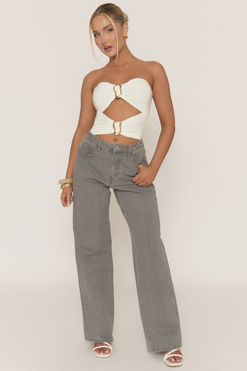 White Cut Out Trim Detail Bandeau Bodysuit - Renaya