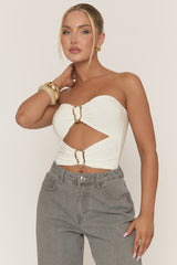 White Cut Out Trim Detail Bandeau Bodysuit - Renaya