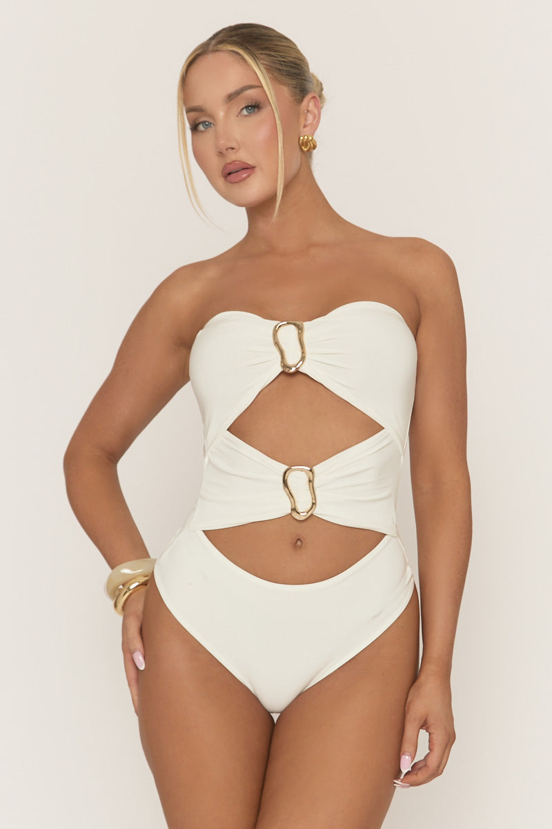 White Cut Out Trim Detail Bandeau Bodysuit - Renaya
