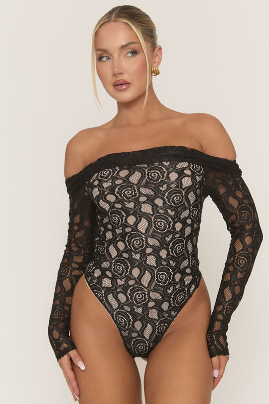 Black Contrast Lace Bandeau Bodysuit - Betania