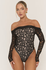 Black Contrast Lace Bandeau Bodysuit - Betania