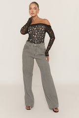 Black Contrast Lace Bandeau Bodysuit - Betania