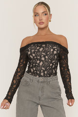 Black Contrast Lace Bandeau Bodysuit - Betania