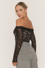 Black Contrast Lace Bandeau Bodysuit - Betania