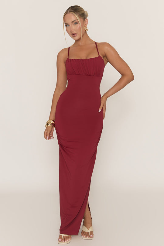 Wine Gathered Bust Maxi Dress - Cameron