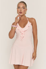 Pink Frill Hem Halter Skater Dress - Jonia