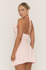 Pink Frill Hem Halter Skater Dress - Jonia