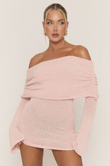 Pink Textured Knit Bardot Mini Dress - Emelia
