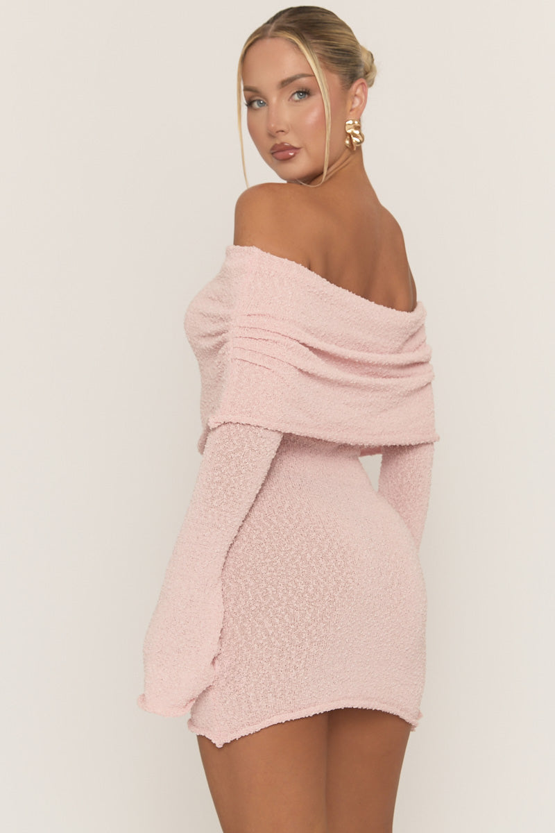 Pink Textured Knit Bardot Mini Dress - Emelia