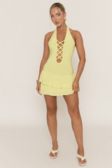 Yellow Laceup Frill Hem Mini Dress - Aubrella