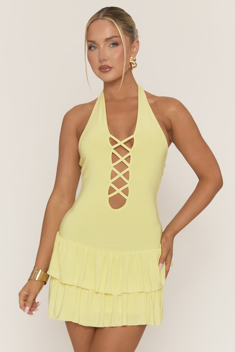 Yellow Laceup Frill Hem Mini Dress - Aubrella