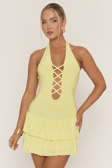 Yellow Laceup Frill Hem Mini Dress - Aubrella