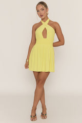 Yellow Halterneck Shirred Skater Dress - Chantella
