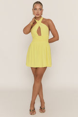 Yellow Halterneck Shirred Skater Dress - Chantella