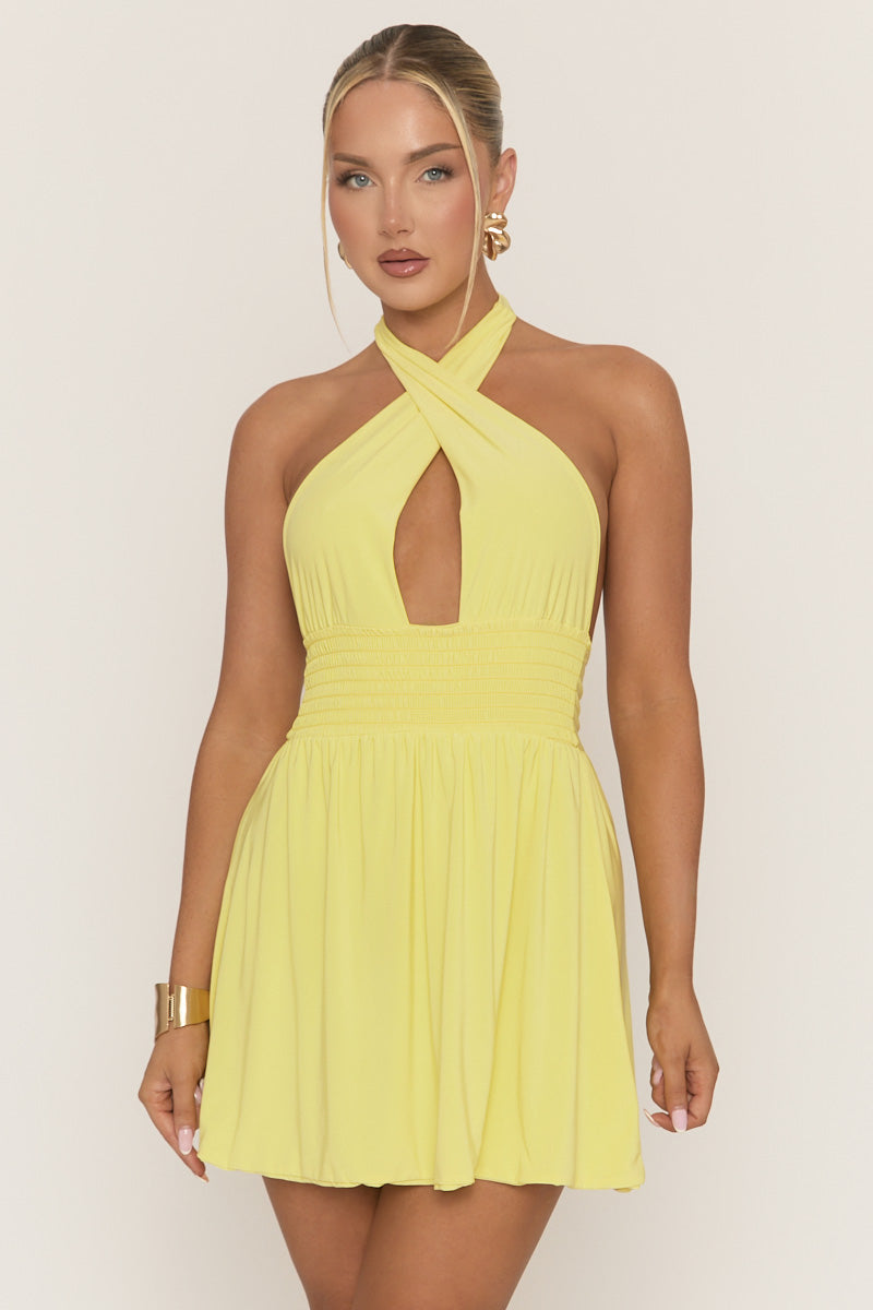 Yellow Halterneck Shirred Skater Dress - Chantella