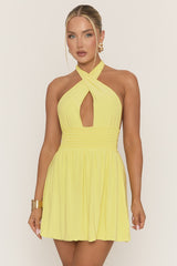Yellow Halterneck Shirred Skater Dress - Chantella