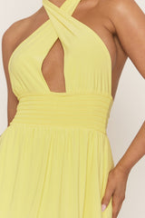Yellow Halterneck Shirred Skater Dress - Chantella