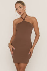 Brown Beaded Halterneck Mini Dress - Eleana