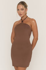 Brown Beaded Halterneck Mini Dress - Eleana