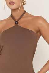 Brown Beaded Halterneck Mini Dress - Eleana
