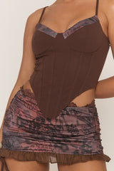 Brown Corset And Lace Trim Printed Mini Skirt Co-ord Set - Rose