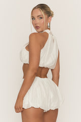 White High Neck Crop Top and Puffball Shorts Co-ord Set - Rachey