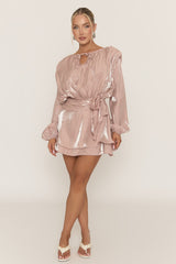 Pink Long Sleeve Tie Detail Ruffle Dress - Zeta