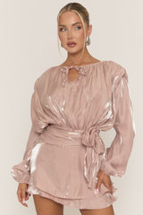 Pink Long Sleeve Tie Detail Ruffle Dress - Zeta