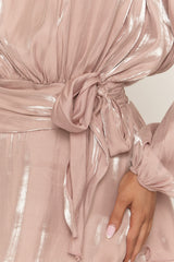 Pink Long Sleeve Tie Detail Ruffle Dress - Zeta
