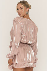 Pink Long Sleeve Tie Detail Ruffle Dress - Zeta