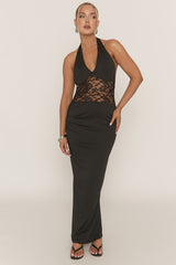 Black Plunge Halter Lace Insert Maxi Dress - Anley