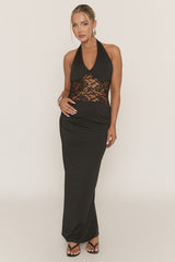 Black Plunge Halter Lace Insert Maxi Dress - Anley