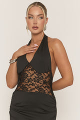 Black Plunge Halter Lace Insert Maxi Dress - Anley