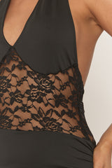 Black Plunge Halter Lace Insert Maxi Dress - Anley