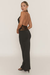 Black Plunge Halter Lace Insert Maxi Dress - Anley